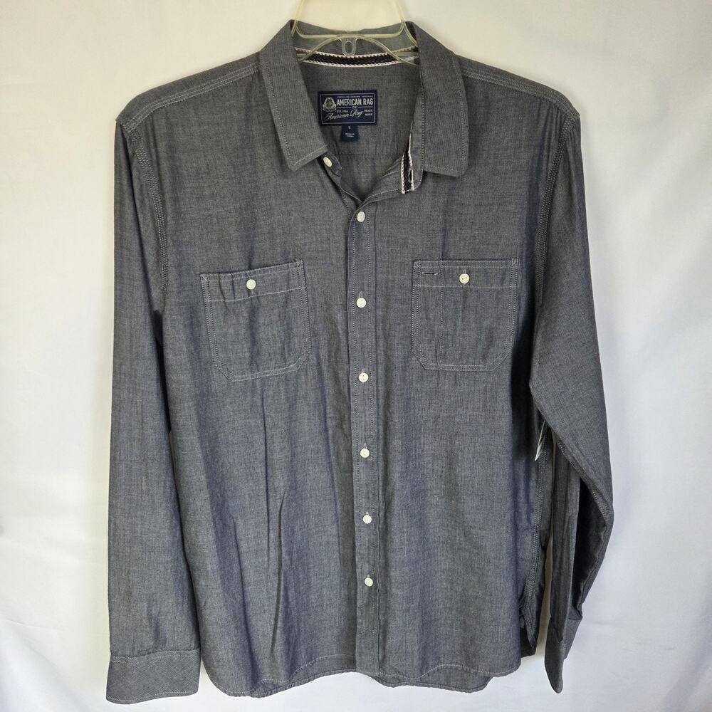 American Rag LS Woven Shirt Mens Large NWT Gray Herringbone 100% Cotton